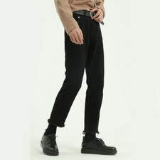 Mens Black Crop Denim Pants Ankle Raw Hem Skinny Jeans Trousers Slim Bottoms