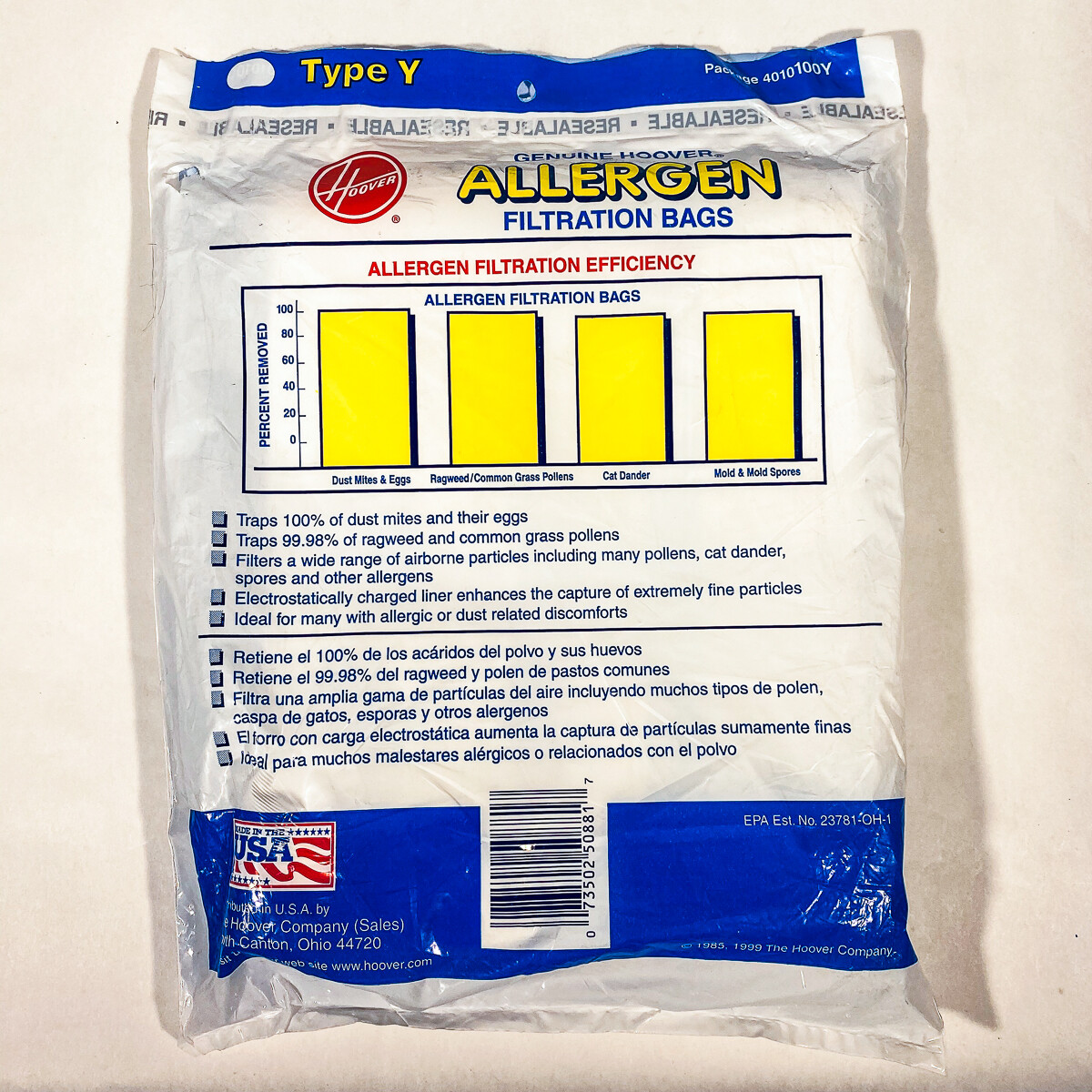 Hoover Type Y Allergen Filtration Bags 4010100Y NEW (1 package contains