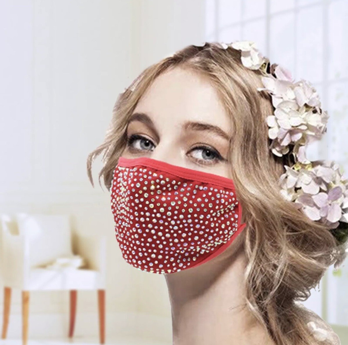 Rhinestone bedazzled bling face mask RED Diamond Sparkle
