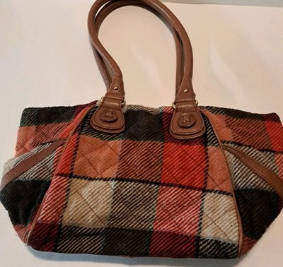 Vera Bradley Wool Blend Canyon Plaid Leather Trim Tote Pockets Full Zip