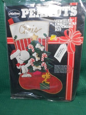 Vintage Malina  Peanuts Snoopy Jeweled Christmas Stocking Kit Sweet Tree  NEW