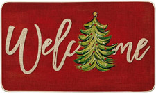 Red Christmas Tree Welcome Doormat, Low-Profile Rug 17X29 Inch