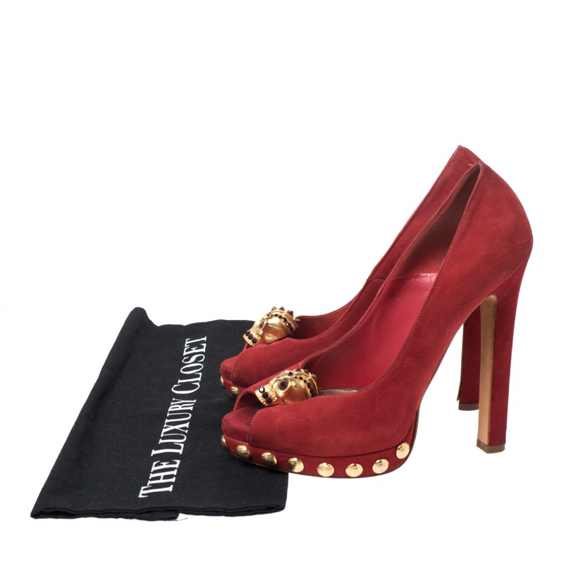 Alexander McQueen Red Suede Skull Embellished Peep Toe Pumps