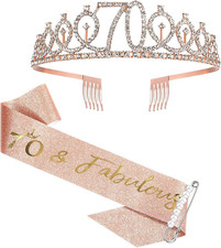70Th Birthday Sash and Tiara for Women, Rose Gold Birthday Sash Crown 70 Fabul