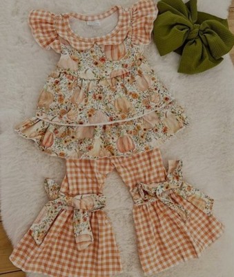Girls Autumn Fall Thanksgiving Pumpkin Boutique Ruffle Bell Bottom Pants Set 4T