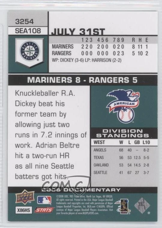 2008 Upper Deck Documentary Gold Erik Bedard #3254 - Image 2 of 2