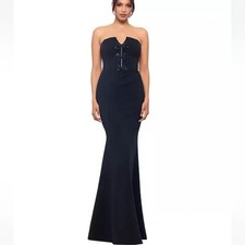 Betsy Adam Black Crystal Bowtie Strapless Trumpet Gown Size 4 299