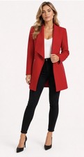 Tahari Red Open Front 10 Jacket Blazer Gold Zip Pockets Long Length Ponte Knit