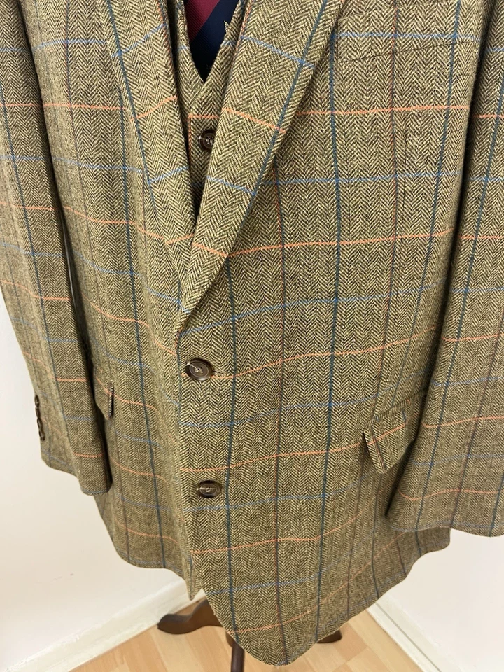 Samuel Windsor Green Herringbone Tweed Jacket & Waistcoat Windowpane Check 50R - Image 3 of 4