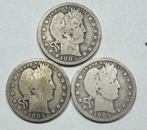 1905-P Barber 25c Silver Quarters lot of 3