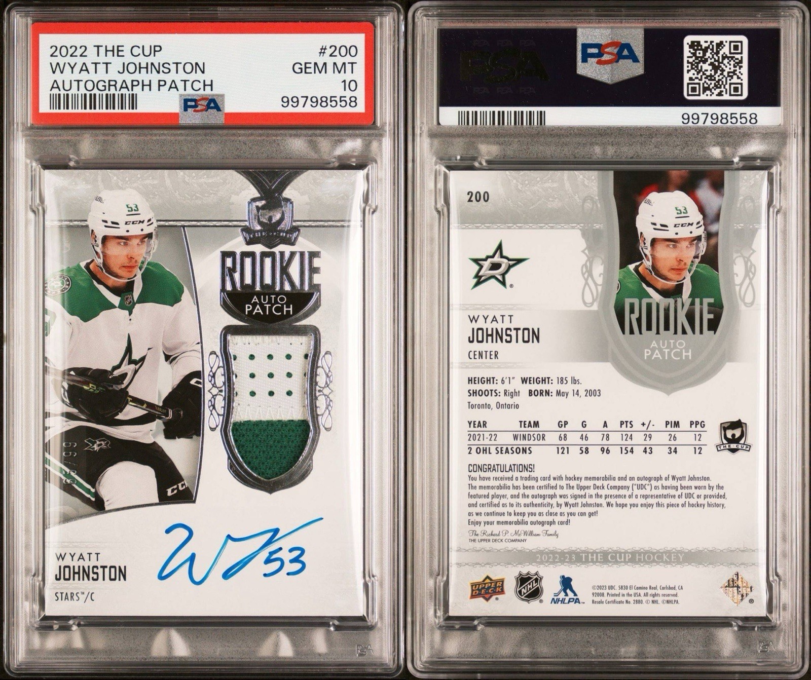2022-23 UD The Cup Rookie Auto Patch Wyatt Johnston  /99 AU, RPA, MEM, RC PSA 10 view 3