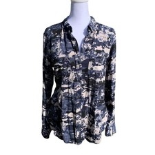 Rock & Republic Blue Camo Long Sleeve Button Up Front Pocket Blouse Size XS