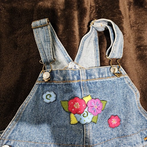 Vtg Little Girls Blue Denim Jean Overalls Embroidered Patch Flower 4T 90s y2k - Picture 5 of 10
