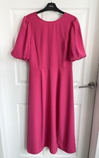 Ladies Pink WAREHOUSE Short Puff Sleeve V Back Long Dress With Split - Size 10