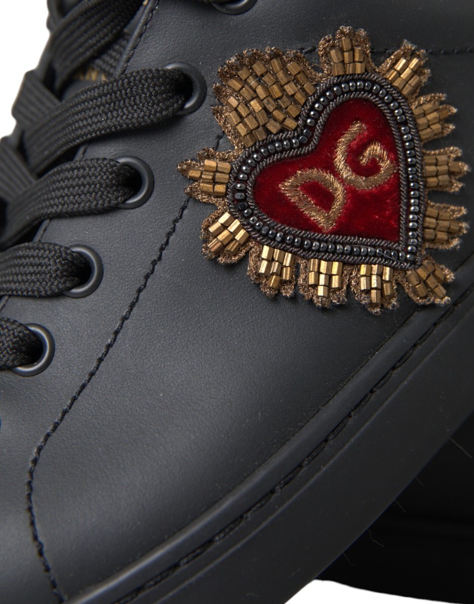DOLCE & GABBANA Shoes Black Leather Heart Embellished DOLCE & GABBANA Shoes Black Leather Heart Embellished