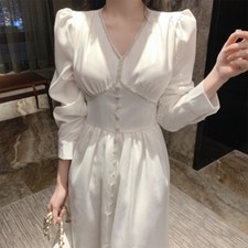 Women's Long Dresses Button V-neck Long Sleeve Princess Party Elegant White