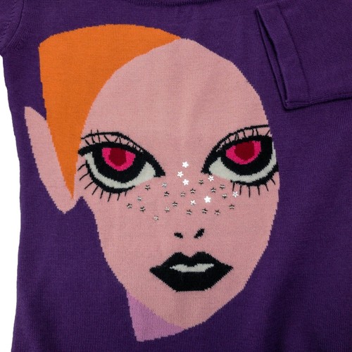 1960’s Style Twiggy Face Purple 100% Wool Sweater Japan Designer Keita Murayama - Picture 2 of 5