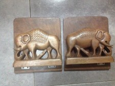 Old Walnut Wood Elephant Bookends Hand Carved Wooden Art Gem Set Rare Vintage=2