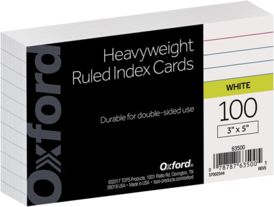 Heavyweight Ruled Index Cards, 3'' X 5'', White, 100 per Pack (63500)