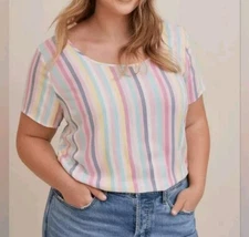 Torrid Multi Color Button Back Stripe Abbey Rayon Slub Top Short Sleeve Shirt 3X