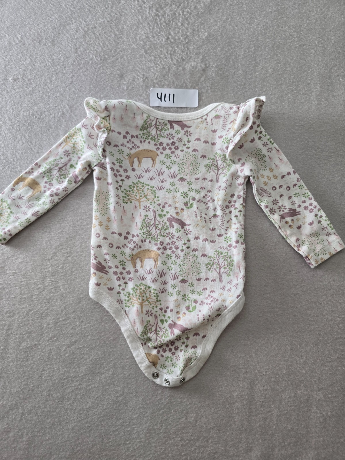 Laughing LLama Jumpsuit Girl Size 6M White Animal Print Ruffled Long Sleeve Snap