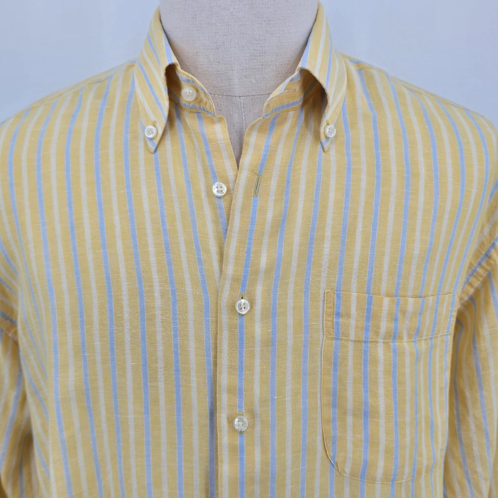 Peter Millar Linen Blend Button Down Men's Shirt Yellow Striped Size L