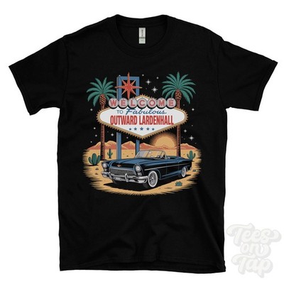 OUTWARD LARDENHALL LAS VEGAS SIGN PARODY FUNNY T-SHIRT ansty wiltshire england