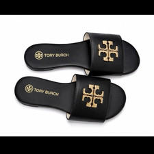 Tory Burch Womens Black Gold Logo Leather Sli...