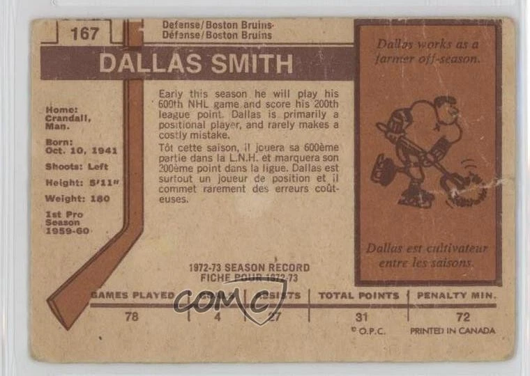1973-74 O-Pee-Chee Light Back Dallas Smith #167 - Image 2 of 2
