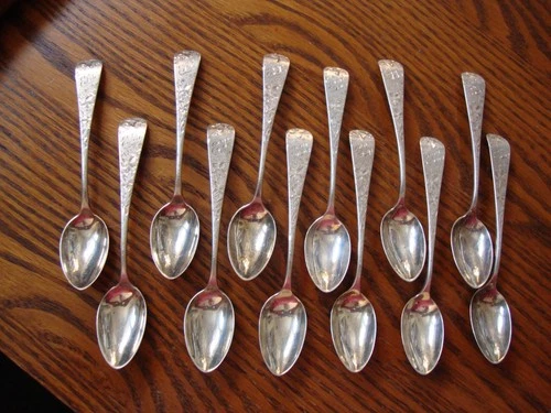 Antique Engraved by GW Russell Sterling Silver Spoon 4 3/8" Set of 12