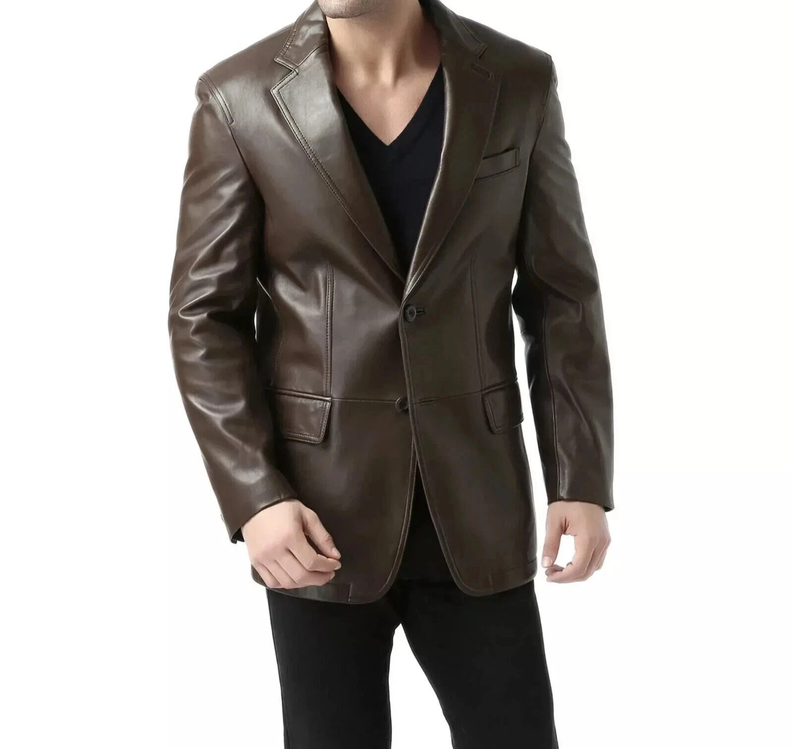 Brown Men's Leather Blazer 100% Pure Soft Lambskin Two Button Coat Blazer