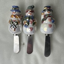 Set of 3 Stainless Steel Cheese Knife Spreader Christmas Snowmen Pearly