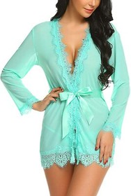 Sexy Women Lace Kimono Robe Babydoll Lingerie Mesh Cover Up Bridal Nightdress US