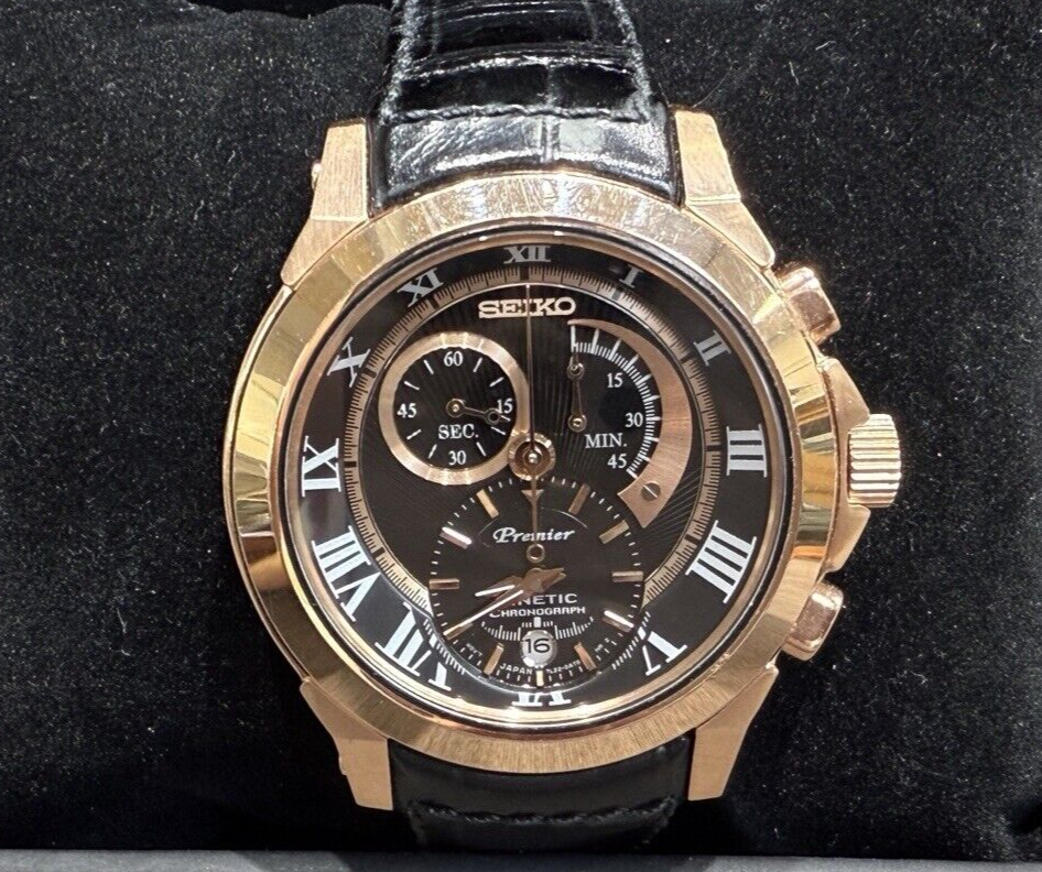 Seiko Premier Kinetic Black & Rose-Gold Color Chronograph Men's