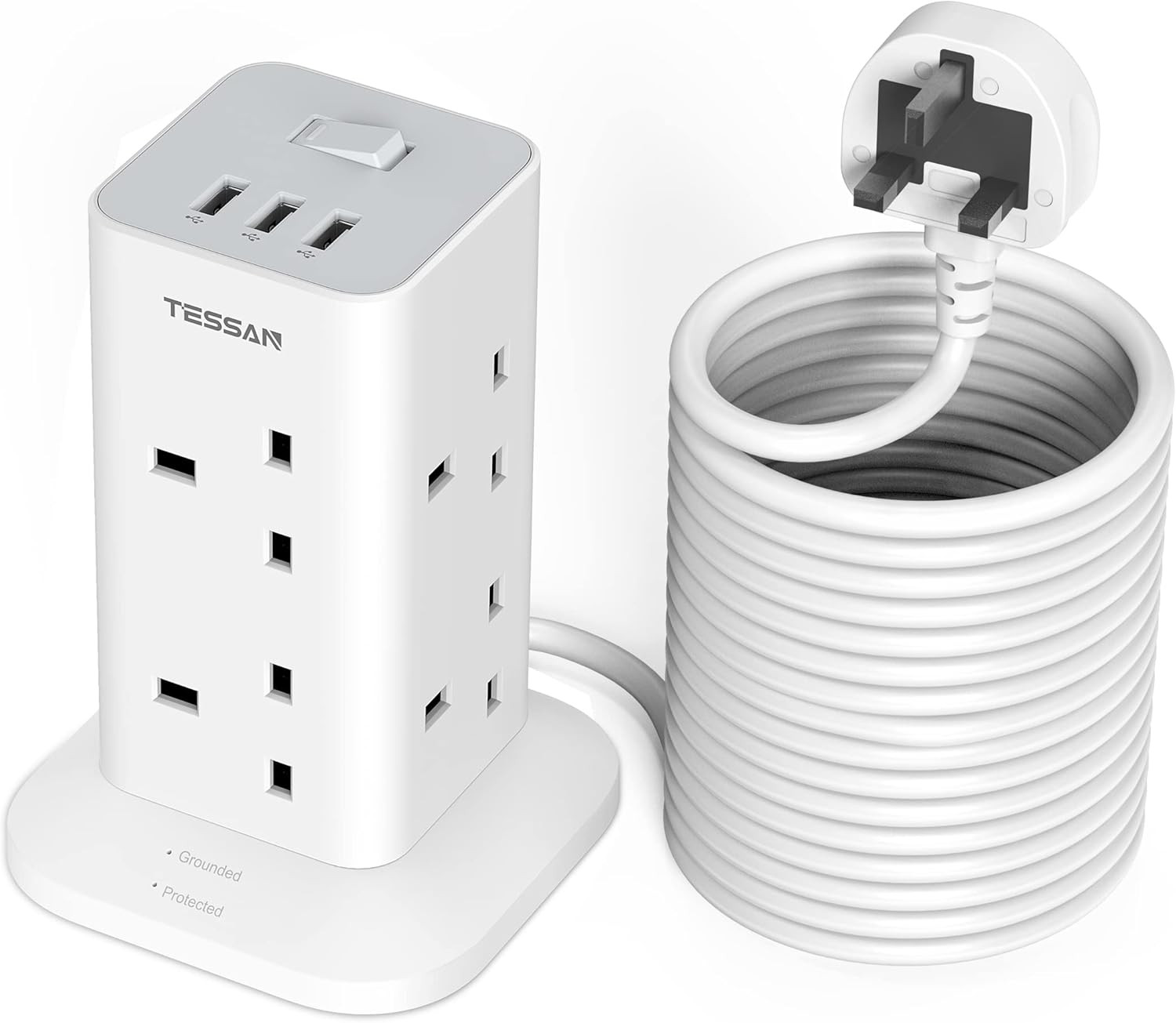 Tower Extension Lead 10M with 3 USB Slots, TESSAN 8 Way Multi Plug Extension Soc