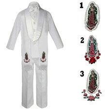 6pcBaby Kid Teen Boy Mary Baptism Shawl Lapel Satin White Tuxedo Suit Stole S-20