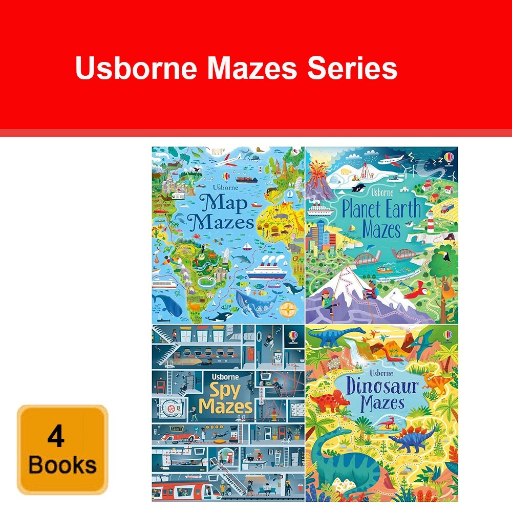 Usborne Mazes Series 4 Books Set Spy, Dinosaur, Maps, Planet EarthPaperback