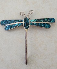 VTG Dragonfly Brooch Gold Tone Pin Insect W BLUE & GREEN Enamel/Abelone? Wings