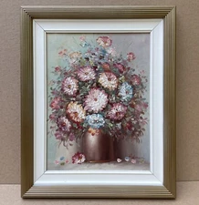 Vintage Oil Painting On Canvas Still Life Flowers Signed Framed 21”x17”
