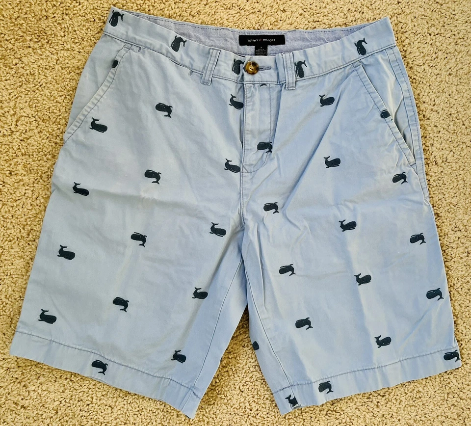 EUC Tommy Hilfiger Navy Whale Critter Embroidered Chino Shorts Blue Gray Mens 31 - Imagem 4 de 4