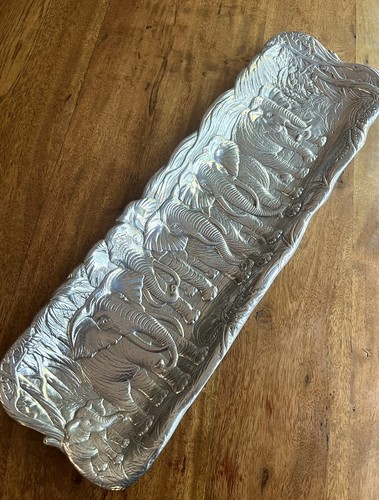 Arthur Court Embossed Elephants Silver Aluminum Rectangle Serving Tray RETIRED