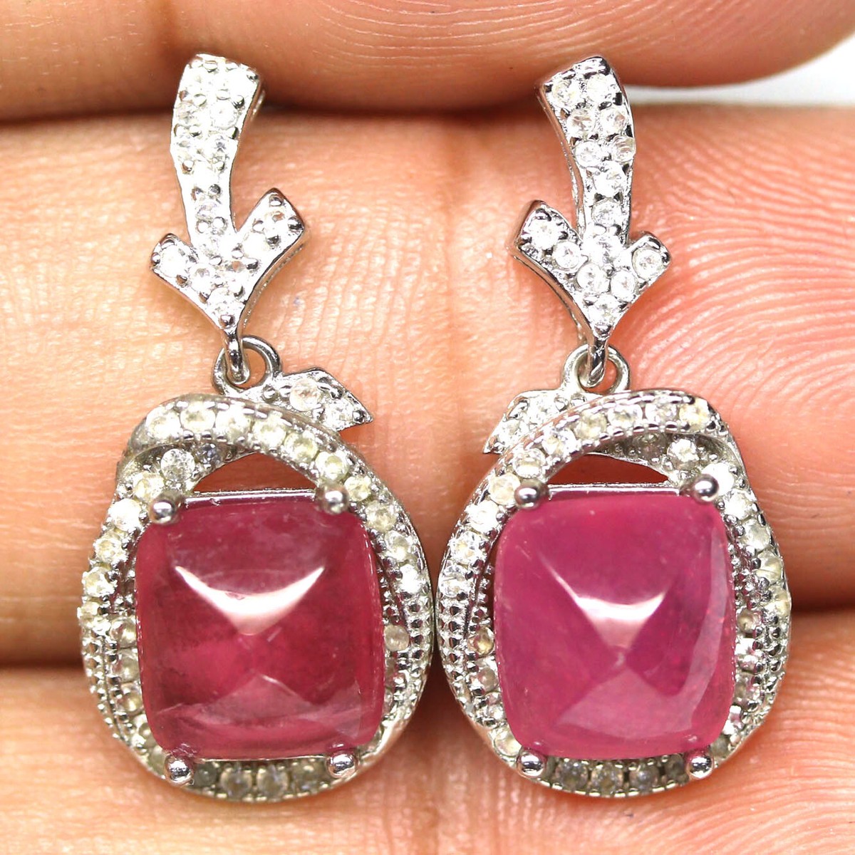 Gemstone 8 x 9 mm. Pink Ruby & White Zircon Earrings 925  display picture 1