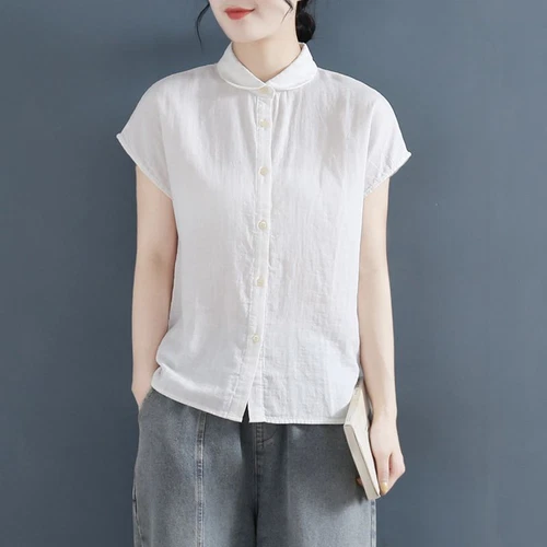 Camisa Manga Corta Mujer Verano 100% Algodón Lino Camisa, Top Lino Abotonable - Imagen 10 de 26