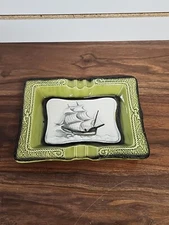 Vintage Nautical Sailboat Clipper Shop Ceramic Ashtray 9" X 7" Green 3D