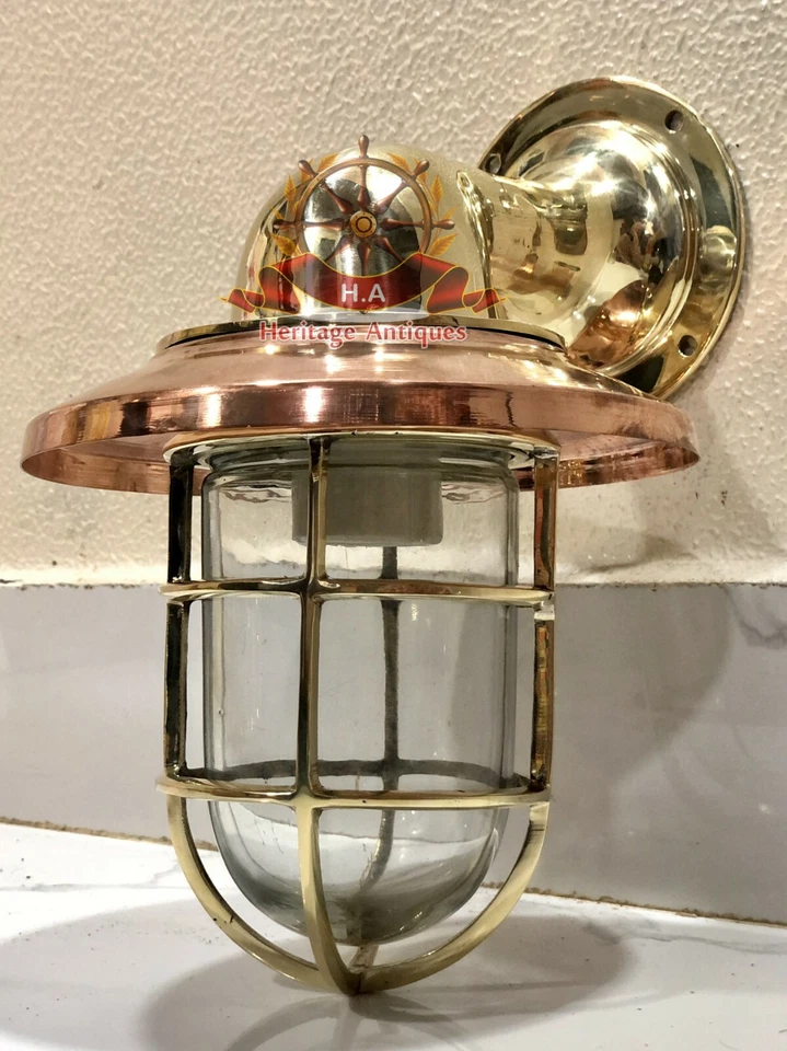MARINE ARCHED BULKHEAD BRASS WALL SCONCE SHIP LIGHT WITH COPPER SHADE - Image 2 of 4