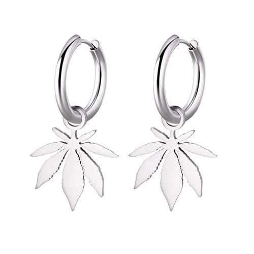 Silver Weed Leaf Hoop Earrings Hypoallergenic Stainless Steel Marijuana