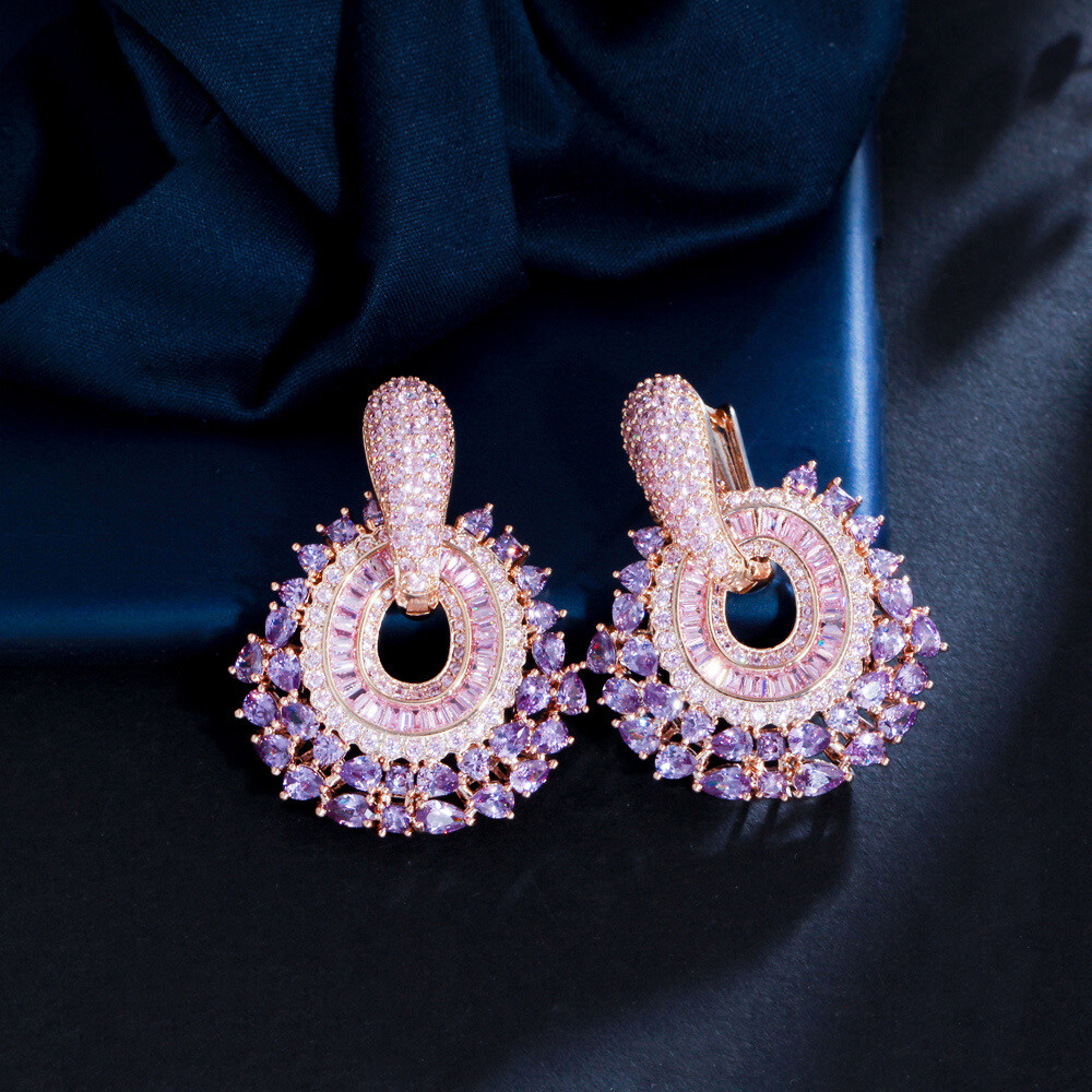 Pendientes de circonita cúbica rosa púrpura gota grande chapados en oro joyería de fiesta para mujer