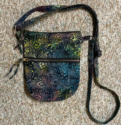 Feather Batik Fabric Crossbody Shoulder Bag Pockets Multicolored