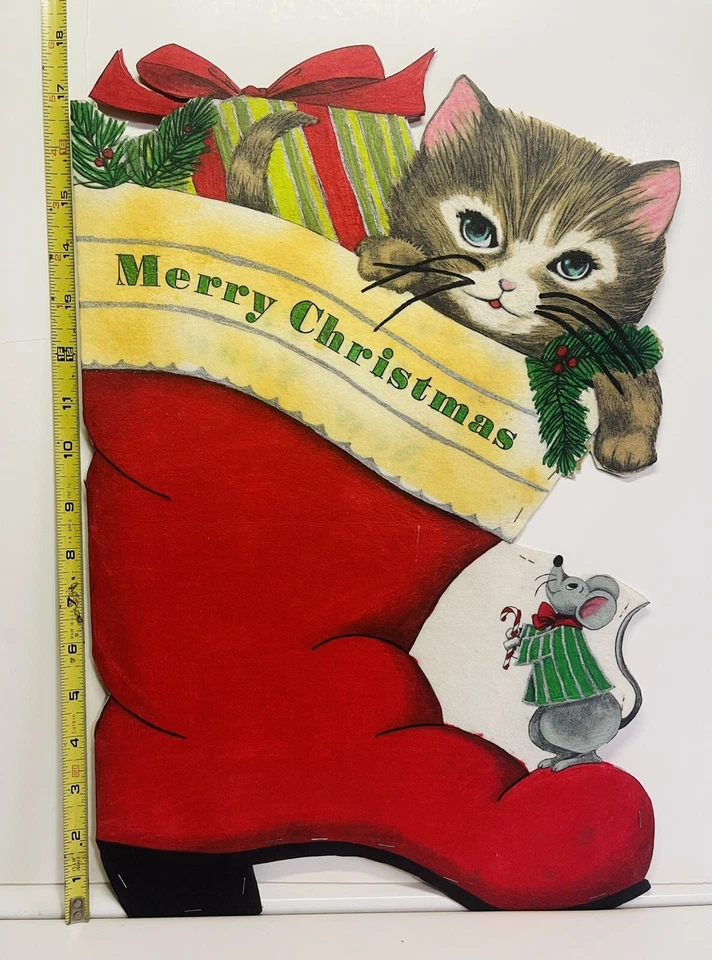 复古 50/60 年代圣诞猫老鼠毛毡长袜门窗商店装饰罕见 — 第 4/4 张图片