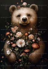 BEAR FLOWERS ART PRINT, Cottagecore Wall Decor, Animal Fantasy Poster Forest